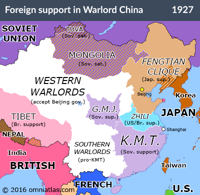 Foreign support of various polities in China, March 1927