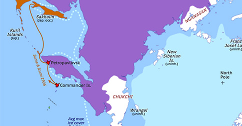 Political map of the Arctic & the Far North on 20 Aug 1905 (Claiming the Far North: Russo-Japanese War in the Far North), showing the following events: Japanese invasion of Sakhalin; Suma and Izumi raids.