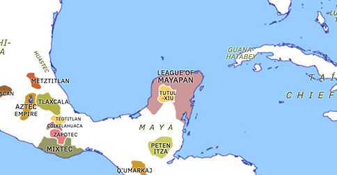 Political map of Mexico and Central America on 02 Jan 1441 (Late Pre-Columbian Era: Collapse of the League of Mayapan), showing the following events: Reign of Moctezuma I; Collapse of the League of Mayapan.