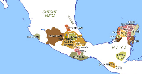 Political map of Mexico and Central America on 16 Feb 1468 (Late Pre-Columbian Era: Aztec expansion under Moctezuma I), showing the following events: Purépecha expansion; Flower Wars.