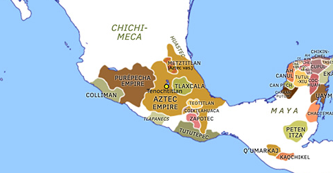 Political map of Mexico and Central America on 12 Oct 1492 (Spanish Arrival: Mesoamerica at the time of Columbus), showing the following events: Reign of Tizoc; Reign of Ahuitzotl; Columbus’ voyage of discovery.