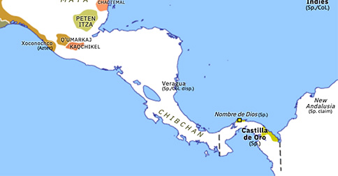 Political map of Mexico and Central America on 29 Sep 1513 (Spanish Arrival: Balboa reaches the Pacific), showing the following events: Conquest of Cuba; Aguilar and Guerrero; La Florida; Castilla de Oro; European discovery of the Pacific.