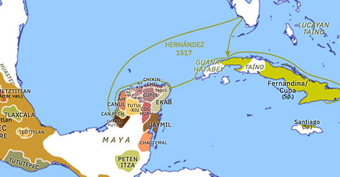 Political map of Mexico and Central America on 04 Mar 1517 (Spanish Arrival: Spanish–Mesoamerican contact), showing the following events: Pedriarias Dávila in Panama; Hernández de Córdoba’s expedition.