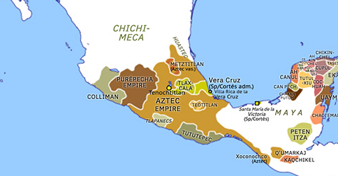 Political map of Mexico and Central America on 08 Nov 1519 (Spanish Arrival: March to Tenochtitlan), showing the following events: Cortés’ conquest of Cempoala; Cortés’ march to Tenochtitlan; Founding of Panama; Spanish–Tlaxcalan Alliance; Cholula Massacre.
