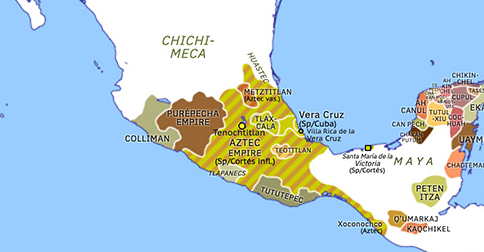 Political map of Mexico and Central America on 22 May 1520 (Spanish Arrival: Captivity of Moctezuma II), showing the following events: Capture of Moctezuma II; Narváez vs Cortés; First Cocoliztli epidemic; Toxcatl Massacre.