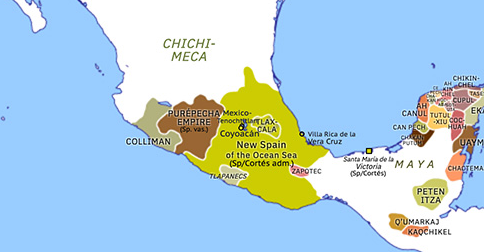 Political map of Mexico and Central America on 24 Apr 1522 (Spanish Arrival: Spanish Consolidation in Mexico I), showing the following events: Mexico City; Guamá’s War; González Dávila’s expedition; Conquest of Tututepec; Conquest of Metztitlan.