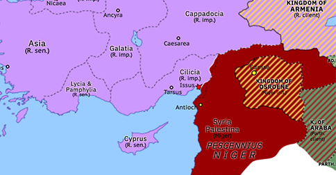 Political map of the Eastern Mediterranean on 31 Mar 194 (Roman consolidation in the East: Second Battle of Issus), showing the following events: Severus’ Italian campaign; Severus–Albinus pact; Severus’ Siege of Byzantium; Battle of Nicaea; Second Battle of Issus.