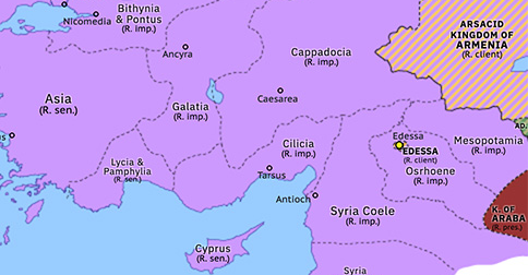 Political map of the Eastern Mediterranean on 25 Mar 198 (Roman consolidation in the East: Severan Mesopotamia), showing the following events: Severus’ sieges of Hatra; Severus’ Parthian Campaign; Severan Mesopotamia.