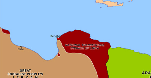 Political map of the Eastern Mediterranean on 19 Mar 2011 (Arab Spring, Civil War: NATO intervention in Libya), showing the following events: Syrian Revolution of Dignity; UNSC Resolution 1973; NATO intervention in Libya; Second Battle of Benghazi.