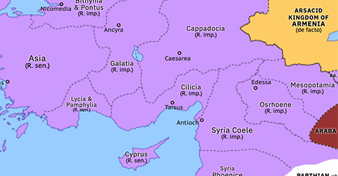 Political map of the Eastern Mediterranean on 30 Jul 216 (Roman consolidation in the East: Caracalla’s Parthian Campaign), showing the following events: Severus’ Garamantian Campaign; Annexation of Osroene; Caracalla’s Armenian Crisis; Alexandrian Massacre; Caracalla’s Parthian Campaign.