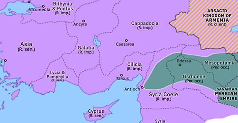 Political map of the Eastern Mediterranean on 09 Jun 242 (Crisis of the Third Century: Gordian III’s Persian War), showing the following events: Tanukhid Kingdom; Severus Alexander’s Germanic War; Fall of Hatra; Ardashir I’s capture of Nisibis.