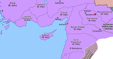 Political map of the Eastern Mediterranean on 11 Feb 244 (Crisis of the Third Century: Death of Gordian III), showing the following events: Battle of Resaena; Battle of Misiche; Death of Gordian III.