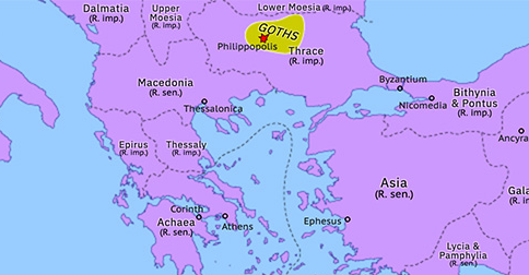 Political map of the Eastern Mediterranean on 09 Dec 250 (Crisis of the Third Century: Decius’ Gothic War), showing the following events: Decius’ Gothic War; Plague of Cyprian.