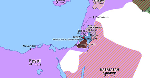 Political map of the Eastern Mediterranean on 09 Jan 68 AD (Levant under the Roman Principate: Zealot Temple Siege), showing the following events: Battle of Beth Horon; Vespasian’s Galilee Campaign; Zealot Temple Siege.