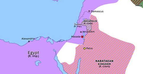Political map of the Eastern Mediterranean on 16 Apr 74 AD (Jewish–Roman Wars: Siege of Masada), showing the following events: Galatia et Cappadocia; Alan invasion of Parthia; Siege of Masada; Roman Emesa; Lycia et Pamphylia.