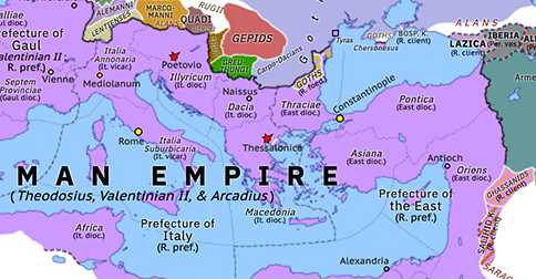 Political map of Europe & the Mediterranean on 04 Apr 390 (Theodosian Dynasty: Massacre of Thessalonica), showing the following events: Battle of Poetovio; Marcomer; Death of Magnus Maximus; Campaign against Victor; Massacre of Thessalonica.