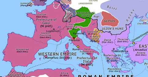 Political map of Europe & the Mediterranean on 14 Jul 406 (Theodosian Dynasty: Radagaisus), showing the following events: Radagaisus; Vandal–Frankish War; Siege of Florence; Marcus of Britain.