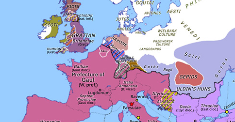 Political map of Europe & the Mediterranean on 31 Dec 406 (Theodosian Dynasty: Crossing of the Rhine), showing the following events: Battle of Faesulae; Pharsman IV and Mihrdat IV; Gratian of Britain; Crossing of the Rhine.