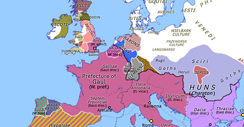 Political map of Europe & the Mediterranean on 02 Oct 418 (Theodosian Dynasty: The West Besieged: Recovery of Gaul), showing the following events: Recovery of Galliae; Recovery of Armorica; Battle of Tartessos; End of the Siling Vandals; Collapse of the Alans; De Secunda Ultione.
