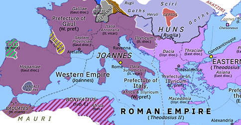 Political map of Europe & the Mediterranean on 20 Nov 423 (Theodosian Dynasty: The West Besieged: Joannes), showing the following events: Exile of Galla Placidia; Death of Honorius; Usurpation of Joannes.