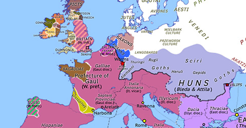 Political map of Europe & the Mediterranean on 17 Oct 436 (Theodosian Dynasty: Fall of Africa: Battle of Worms), showing the following events: Aetius’ First Burgundian Campaign; Tibatto; Treaty of Margus; Valips; Aetius’ Pannonian cession; Second Revolt of Gundahar; Siege of Narbonne; Battle of Worms.
