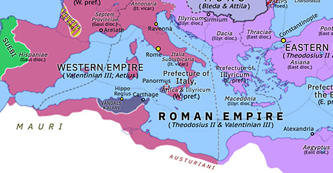 Political map of Europe & the Mediterranean on 30 Jul 440 (Theodosian Dynasty: Fall of Africa: Vandal Siege of Panormus), showing the following events: Avitus–Theodoric Treaty; Alanic Gaul; Siege of Panormus; Roman–Persian War of 440.