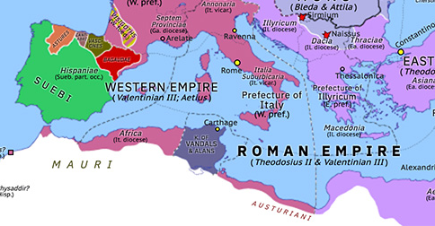 Political map of Europe & the Mediterranean on 16 Jul 442 (Theodosian Dynasty: Hunnic Wars: Treaty of Carthage), showing the following events: Siege of Naissus; Siege of Sirmium; Treaty of Carthage.