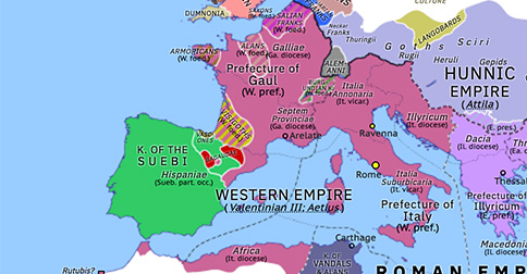 Political map of Europe & the Mediterranean on 09 Oct 449 (Theodosian Dynasty: Hunnic Wars: Kingdom of the Suebi), showing the following events: Eudoxius’ Bagaudae revolt; Isaurian revolt; Accession of Rechiar; Restoration of Western Illyricum; Rechiar’s Visigothic alliance; Priscus’ embassy to Attila; Sasanian–Hunnic War.