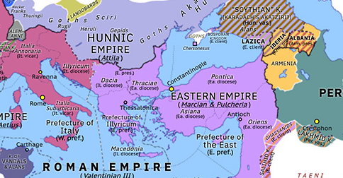 Political map of Europe & the Mediterranean on 25 Aug 450 (Theodosian Dynasty: Hunnic Wars: Elevation of Marcian), showing the following events: Honoria’s appeal to Attila; Anatolius–Nomus–Attila Treaty; Vardanants War; Death of Theodosius II; Reign of Marcian.