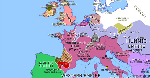 Political map of Europe & the Mediterranean on 09 Jun 451 (Theodosian Dynasty: Hunnic Wars: Attila’s invasion of Gaul), showing the following events: Attila’s demands on the West; Attila’s invasion of Gaul; Battle of Avarayr; Attila’s siege of Orléans.