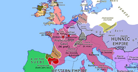 Political map of Europe & the Mediterranean on 20 Jun 451 (Theodosian Dynasty: Hunnic Wars: Battle of the Catalaunian Plains), showing the following events: Battle of Orléans; Frank–Gepid clash; Battle of the Catalaunian Plains.