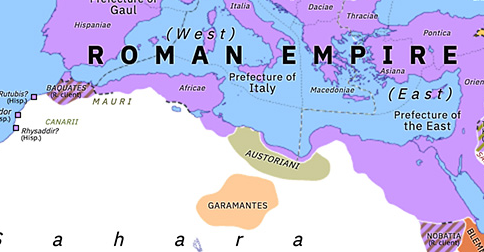 Political map of Northern Africa on 26 Mar 367 (Africa and the Roman Dominate: Austoriani), showing the following events: Battle of Samarra; Treaty of Dura; First Austoriani Raid; Valentinian–Valens Biarchy; Second Austoriani Raid.