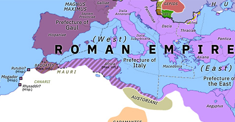 Political map of Northern Africa on 04 Sep 385 (Africa and the Roman Dominate: Magnus Maximus and Africa), showing the following events: Manuel Mamikonian’s Revolt; Judaism in Himyar; First Council of Constantinople; Roman–Gothic Peace; Revolt of Magnus Maximus; Battle of Paris; Second Tanukhid Revolt; Death of Gratian; Cession of Manuel Mamikonian; Gildo and Magnus Maximus.