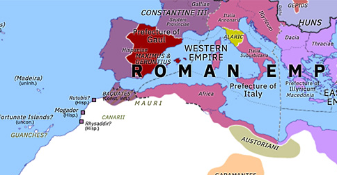 Political map of Northern Africa on 24 May 409 (Africa and Rome Divided: Gerontian Revolt), showing the following events: Alliances of the Barbarians; Didymus and Verinianus; Constans II vs Didymus and Verininaus; Mutiny at Ticinum; Death of Stilicho; Alaric’s First Siege of Rome; Recognition of Constantine III; Gerontian Revolt.