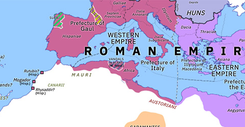 Political map of Northern Africa on 11 Feb 435 (Africa and Rome Divided: Treaty of Hippo Regius), showing the following events: Recall of Bonifatius; Battle of Rimini; Aetius vs Sebastianus; Rugila’s Danubian crisis; Treaty of Hippo Regius.