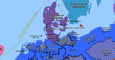 Political map of Northwest Europe on 09 Aug 1808 (Napoleonic Wars: Evacuation of La Romana’s division), showing the following events: Dos de Mayo Uprising; French annexation of Tuscany; Evacuation of La Romana’s division.