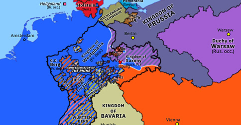 Political map of Northwest Europe on 16 Oct 1813 (Napoleonic Wars: Battle of Leipzig), showing the following events: Battle of the Bidassoa; Treaty of Ried; Battle of Leipzig.