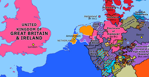 Political map of Northwest Europe on 20 Nov 1813 (Napoleonic Wars: Liberation of the Netherlands), showing the following events: Frankfurt Proposals; Sixth Coalition in Holland.