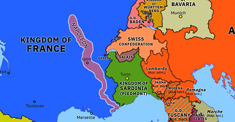 Political map of Northwest Europe on 18 Mar 1815 (Napoleonic Wars: Napoleon’s Return), showing the following events: Duchy of Genoa; Escape from Elba; Napoleon’s Return; Declaration at the Congress of Vienna; Neapolitan War; United Kingdom of the Netherlands.