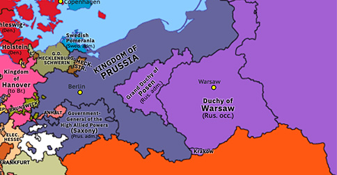 Political map of Northwest Europe on 03 May 1815 (Napoleonic Wars: Congress Poland and Saxony), showing the following events: Hundred Days begins; Seventh Coalition; Lombardo-Venetian Kingdom; Second Serbian Uprising; Battle of Tolentino; Congress Poland.