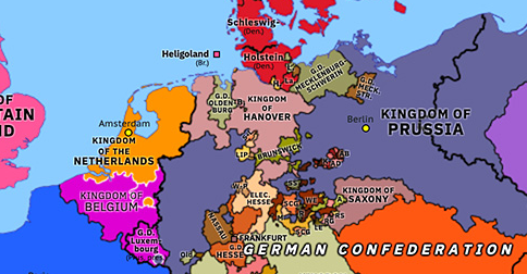 Political map of Northwest Europe on 20 Jun 1837 (Congress Europe: Accession of Queen Victoria), showing the following events: Battle of Warsaw; Organic Statute of Poland; June Rebellion; Siege of Antwerp; Outbreak of First Carlist War; Zollverein; Accession of Queen Victoria; Separation of Hanover.