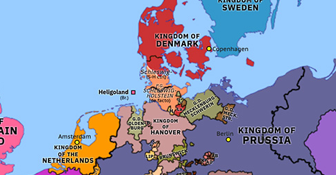 Political map of Northwest Europe on 24 Mar 1848 (The Springtime of Peoples: First Schleswig War), showing the following events: Frederick William IV adopts German colors; Republic of San Marco; First Italian War of Independence; Provisional Government of Schleswig-Holstein.