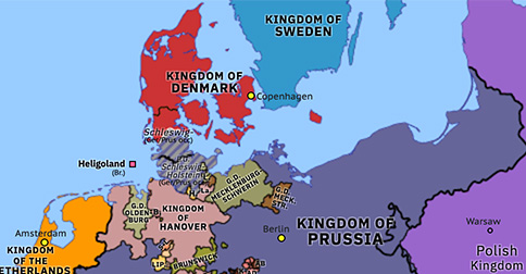 Political map of Northwest Europe on 26 Aug 1848 (The Springtime of Peoples: Truce of Malmö), showing the following events: Election of Archduke John of Austria; Russian invasion of Moldavia; Battle of Custoza; Young Irelander Rebellion; Armistice of Vigevano; Truce of Malmö.