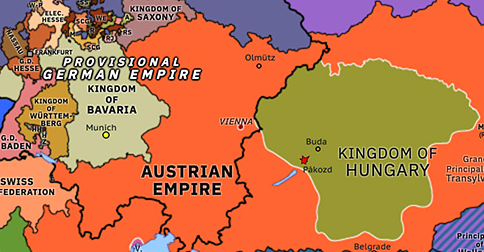 Political map of Northwest Europe on 06 Oct 1848 (The Springtime of Peoples: Vienna Uprising), showing the following events: Jelačić’s invasion of Hungary; Struve Putsch; Suppression of Wallachian Revolution; Battle of Pákozd; Reuss Junior Line; Vienna Uprising.