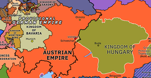 Political map of Northwest Europe on 30 Oct 1848 (Springtime of Peoples: Battle of Schwechat), showing the following events: End of the Vienna Uprising; Hungarian march on Vienna; Battle of Schwechat.