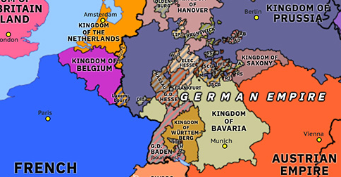 Political map of Northwest Europe on 28 Mar 1849 (The Springtime of Peoples: Frankfurt Constitution), showing the following events: End of Armistice of Vigevano; Battle of Novara; Ten Days of Brescia; Frankfurt Constitution; Kaiser der Deutschen.