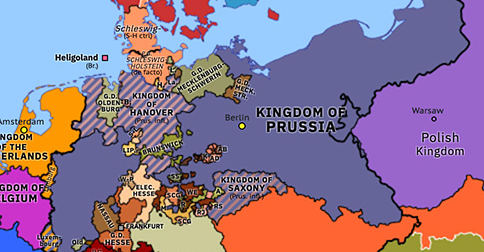 Political map of Northwest Europe on 26 May 1849 (The Springtime of Peoples: Alliance of the Three Kings), showing the following events: Baden Revolution; Collapse of Frankfurt Parliament; End of Second Carlist War; Treaty of Warsaw; Alliance of the Three Kings.