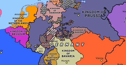 Political map of Northwest Europe on 29 Apr 1850 (Springtime of Peoples: Erfurt Union), showing the following events: End of Republic of San Marco; Saxony abandons Prussia; Hohenzollern Lands; Hanover abandons Prussia; Four Kings’ Alliance; Erfurt Union Parliament; Return of Pius IX.