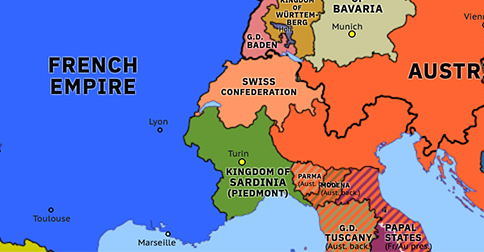 Political map of Northwest Europe on 29 Jan 1859 (German Unification: Franco-Sardinian Alliance), showing the following events: Treaty of Paris; Treaty of Paris; Orsini Affair; Plombières Agreement; Franco-Sardinian Alliance.