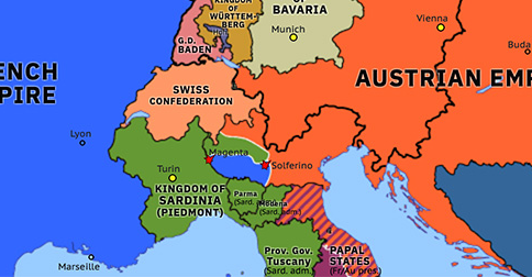 Political map of Northwest Europe on 24 Jun 1859 (German Unification: Second Italian War of Independence), showing the following events: United Principalities; Second Italian War of Independence; Tuscan Revolution; France declares war on Austria; Battle of Magenta; Central Italian Revolutions; Romagnan Revolution; Battle of Solferino.